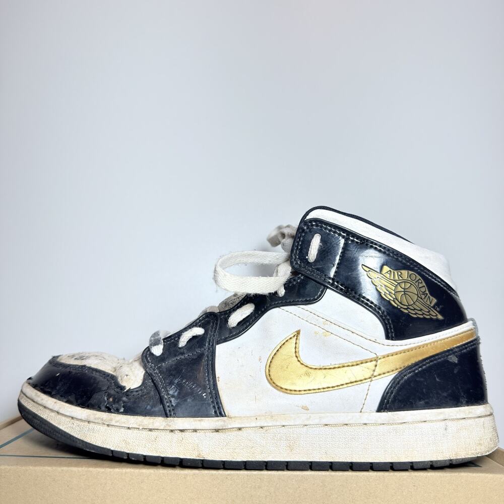 Nike Air Jordan 1 Mid SE Patent Black Metallic Gold White Mens Size 9.5 Shoes